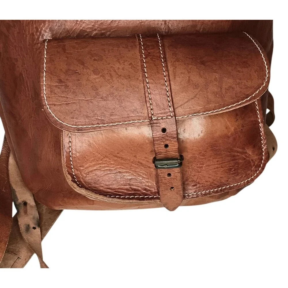 VTG Large Leather Backpack Brown Caramel Made in Greece Boho Rucksack 10x13x3